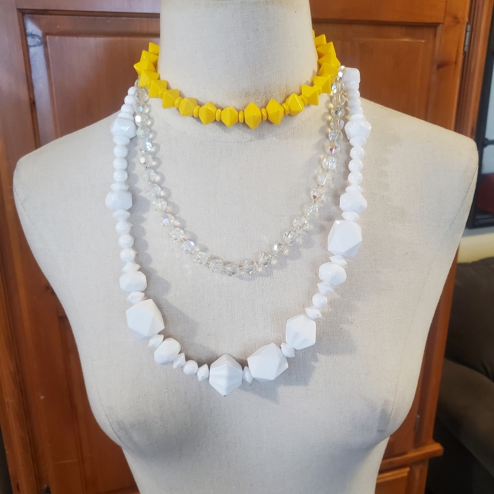 60s Vintage Plastic Kitschy White and Yellow Beaded Necklace Bundle Fun Colour